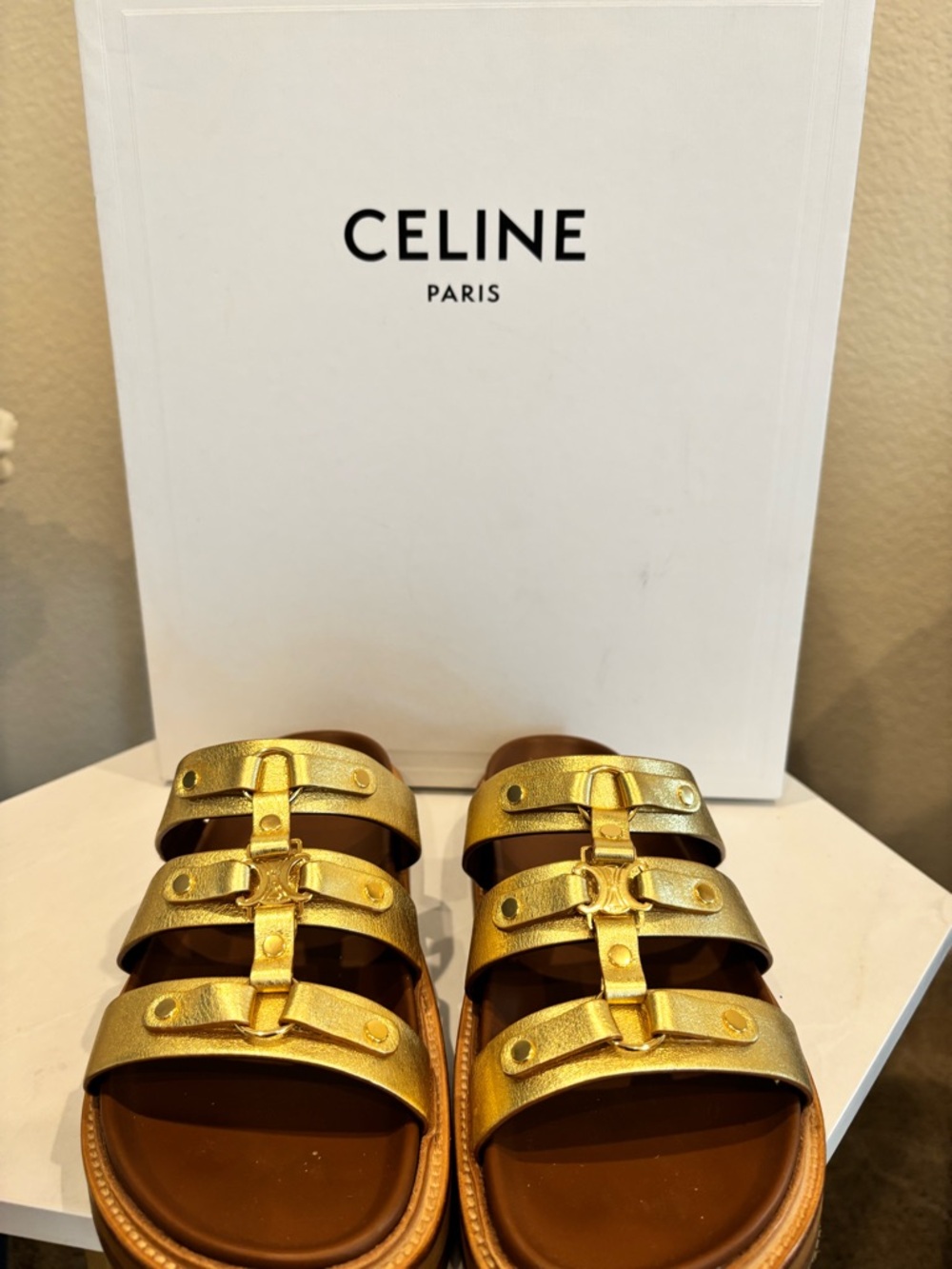 Celine Triomphe Mule 30 Metallic Gold Leather Triple-Strap Slides - Picture 2 of 14